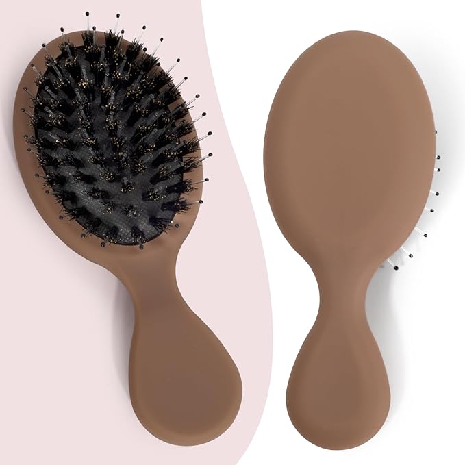 Mini Boar Bristle Hair Brush - Boar & Nylon Bristle Small Brush for Women Kids Long Short Hair to Smooth Add Shine - Travel Size Hair Brush for Purse,Pocket - Brown