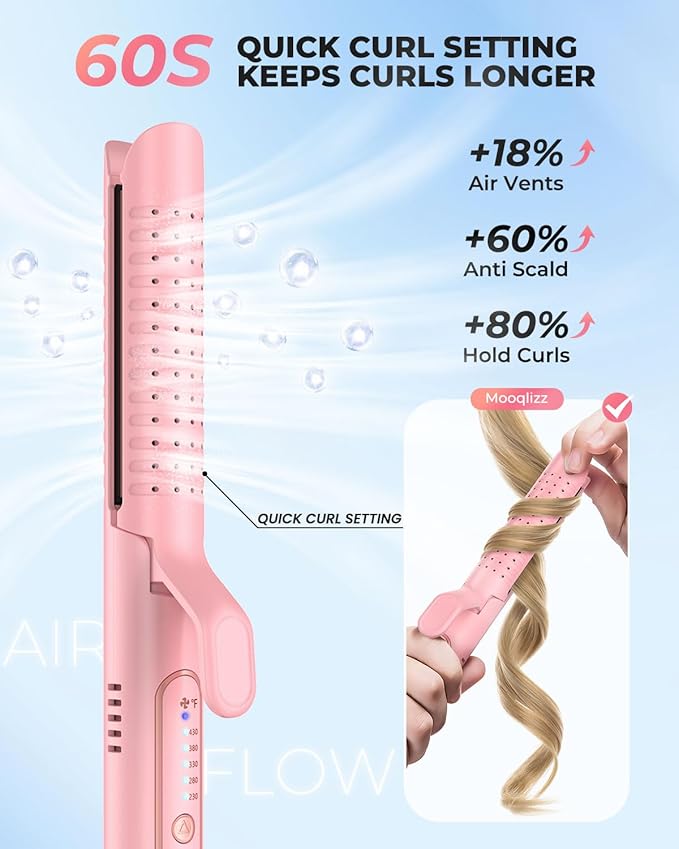 Airflow Styler Curling Iron, Hair Straightener and Curler 2 in 1 with 360°Cooling Vents Dual Voltage Adjustable Temp, Rose Pink