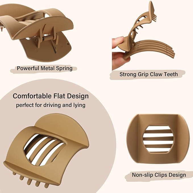 4 PCS Flat Claw Clips, Round Large Flat Hair Clips for Women,French Strong Hold Hair Barrettes for Thick Thin Hair(Neutral Matte)