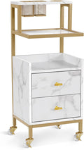 BarberPub Rolling Salon Cart with Storage Drawers, Barber Trolley with Metal Tool Holder & Basket, Beauty Salon Equipment for Hair Stylist 2084 (White)