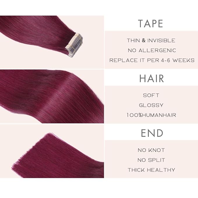 99J# Burgundy 22 Inch 20pcs Seamless Skin Weft Tape in Hair Extensions Straight Double Sided Remy Invisible