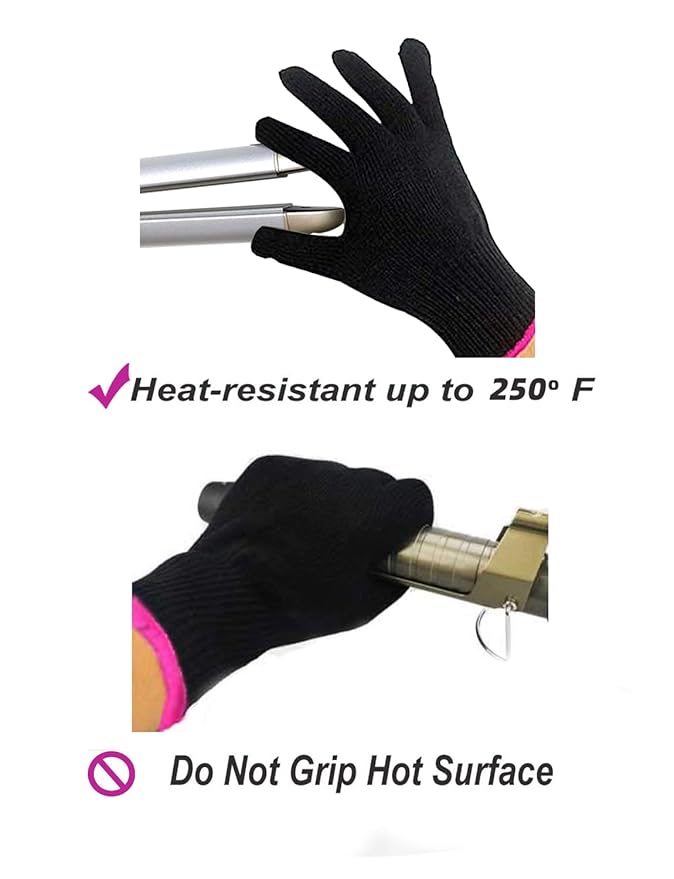 2 Heat Resistant Glove for Hair Styling, Curling Iron, Flat Iron and Curling Wand, Black, Pink Edge