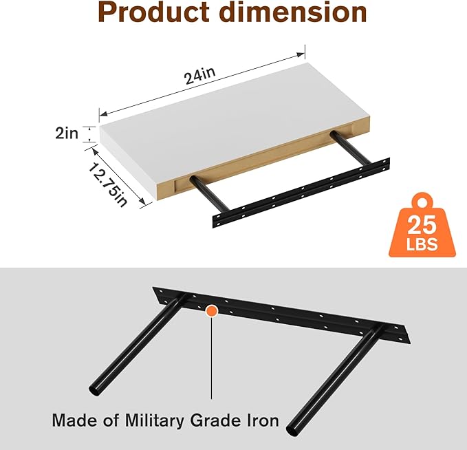 Large Floating Shelves for Wall Set of 3 Wooden Wall Shelves 24 in x 12.75 in x 2 in Room Decor Long Shelf with Invisible Wall Mount Bracket for Bedroom Kitchen Living Room White