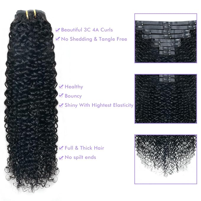 Seamless 3C 4A Kinky Curly Clip In Extension PU Weft Curly Clip in Extension Human Hair Clip Ins Full Head for Black Women Brazilian Remy Human Hair Natural Color 8Pcs with18clips 120g/Set (14 inch)