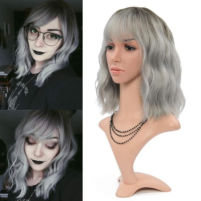 FAELBATY Grey Wigs with Bangs Women Girl's Ombre Grey Bob Wig Synthetic Cosplay Costume Wigs (12" Dark Root Ombre Grey)
