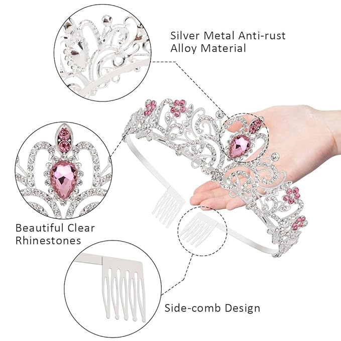 Didder Elegant Silver Tiara with Pink Crystals - Women's Birthday & Wedding Crown