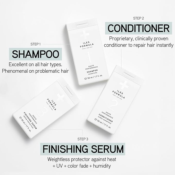 ILES FORMULA Mini Signature Collection – Moisturizing Travel Shampoo & Conditioner w/Mini Finishing Serum Blow Dry Cream for Dry, Damaged, Frizzy Hair - Salon Grade Anti-Frizz Hydrating Hair Care Set