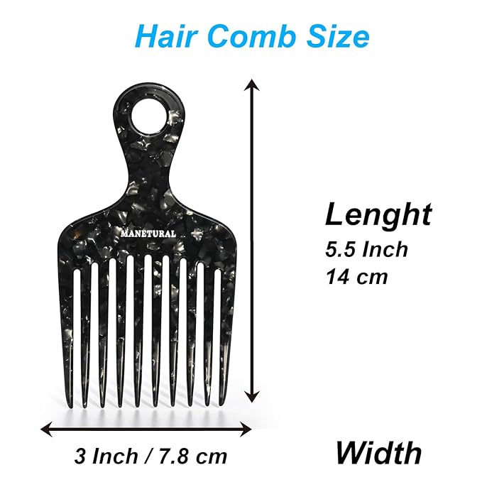 14MX Hair and Beard Wide Tooth Comb for Women and Men, Cellulose Acetate, Curly Thick Afro Hair Styles, 5.5 inches(14 cm), Black, 1 PACK