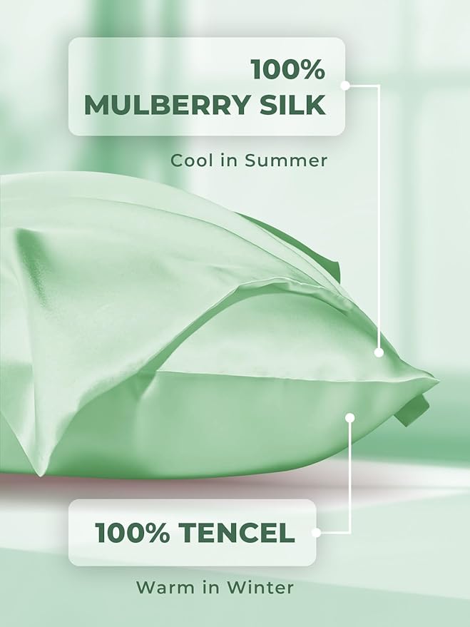 Mulberry Silk Pillowcase for Hair and Skin, SGMSILK 22 Momme Natural Silk Pillow Cases with Zipper, 6A Soft and Smooth Single Sided Pure Silk Pillow Cover (Light Green, Queen 20"x30")