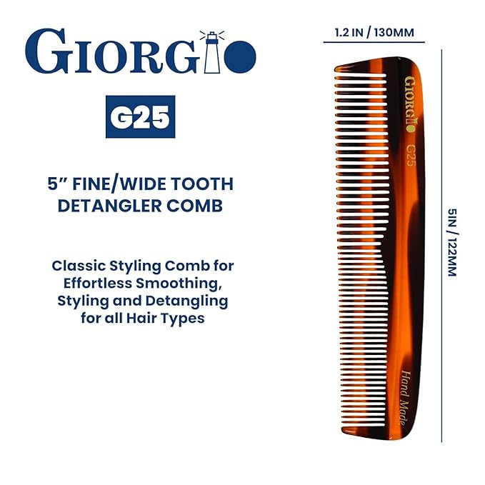 Giorgio G25 FineTooth and WideTooth Pocket Comb - Hair Styling Comb for Men and Women, Handmade Beard Combs for Men, Barber Combs, for Grooming,Saw Cut and Polished (Tortoiseshell)