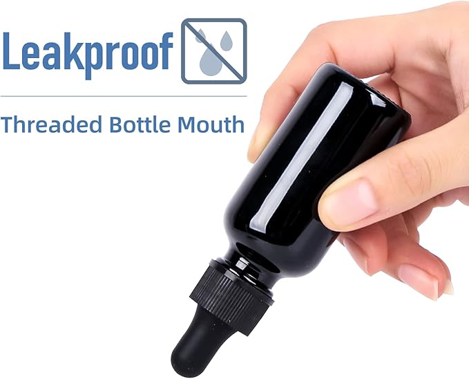 2 oz UV Resistant Dropper Bottle 24 Pack Black Glass Boston Bottles 60ml with Eye Droppers Black Caps for Essential Oils, Perfume, Leak Proof Travel Bottles for Liquids