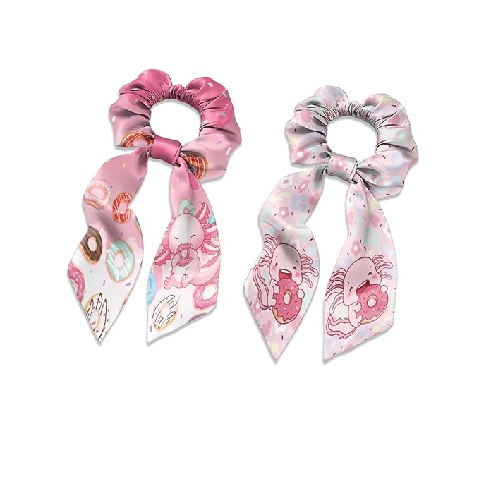 Cute Axolotl Yoga Hair Scrunchies with Ribbon Womens Soft Elastic Bow Hair Ties Long Hair Scrunchy Aesthetic Accessory No Damage 2 Piece