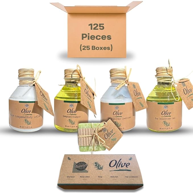 Turkish Bath Set by Roomsium, Olive Box Hotels, Airbnb essentials for hosts |Paraben-free-Toiletries for Hotels, Airbnb- Shampoo,BodyLotion,BodyGel, HairConditioner,125 Pieces (25 Individual boxes)