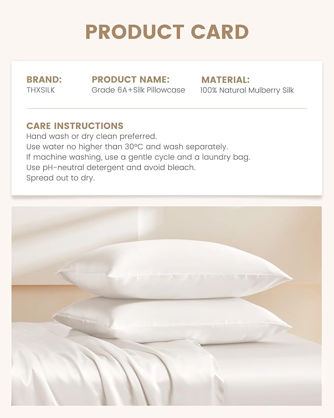 THXSILK Set of 2 100% Silk Pillowcase for Hair and Skin, Both Sides Grade 6A+ Mulberry Silk Pillow Case with Hidden Zipper, Soft and Smooth White Pillowcase, Queen Size 20"x30"