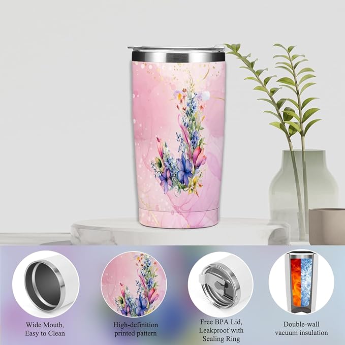 Personalized Gifts Monogrammed Birthday Gifts for Women, Maid of Honor Bachelorette Wedding Christmas Initial 20 oz Tumbler, Makeup Bag Cup Pens Journal Notebook 6 Set, (Aesthetic Pink Flower J)