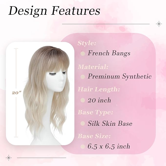 Hair Topper, 360° 3D Hair Toppers for Women with Thinning Crown, 20 Inch Long Wavy Curly Hair Pieces Clip in Bangs (Ash Blonde Mix Highlights with Brown Root, 20 inch, French Bangs)