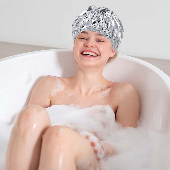 2pcs Deep Conditioning Hair Cap for Oil Treatment Heat Heated Shower Caps Reusable Aluminum Foil Double Layer Aluminum Foil Steam Caps for Home Salon Use Hair Dyeing Long Thick Hairs