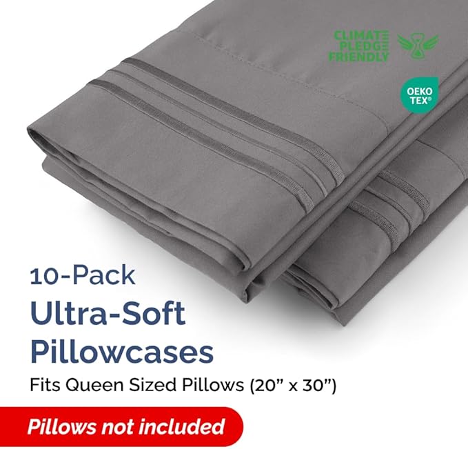 Queen Pillow Cases Set of 10 - Ultra Soft Hotel Quality Pillowcase Covers - Comfy, Cozy & Wrinkle Free - Shrink, Stain and Fade Resistant - Machine Washable Pillow Protectors - 10 Pcs Set - Dark Grey