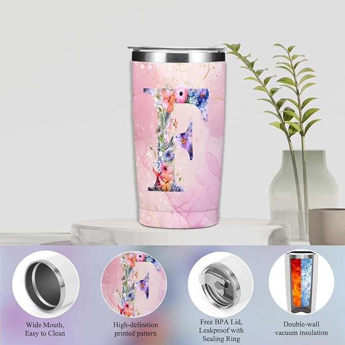 Personalized Gifts Monogrammed Birthday Gifts for Women, Aunt Grandma Retirement Christmas Initial 20 oz Tumbler, Makeup Bag Cup Ballpoint Pens Journal Notebook 6 Set, (Aesthetic Pink Flower F)