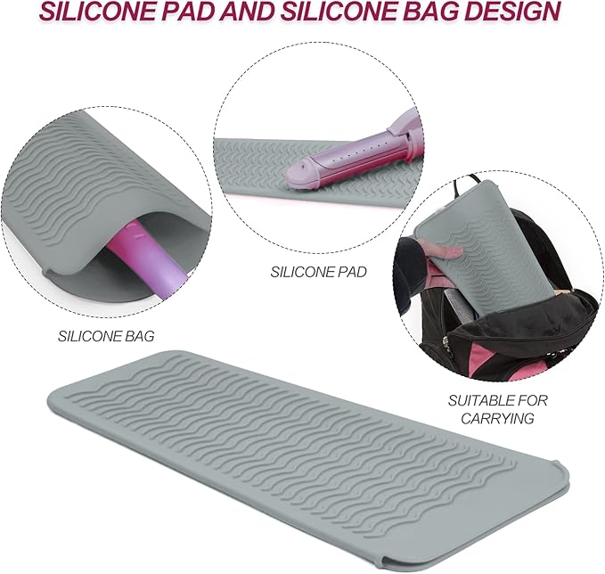 2PCS Silicone Heat Resistant Mat Pouch for Hair Straightener, Curling Iron, Flat Iron and Hot Hair Tools Grey