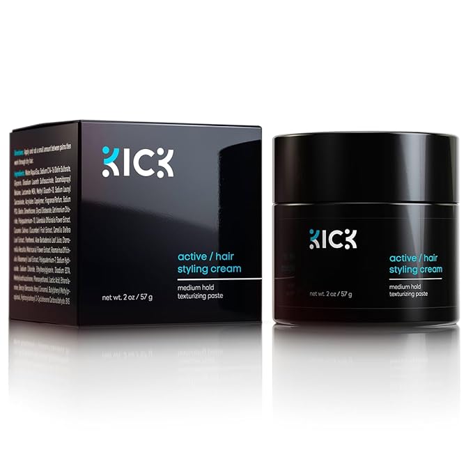 Kick Men's Medium Hold Hair Cream - Non Greasy, Thickening, Damage Control, Anti-Greying, Hydrating - 2 Oz