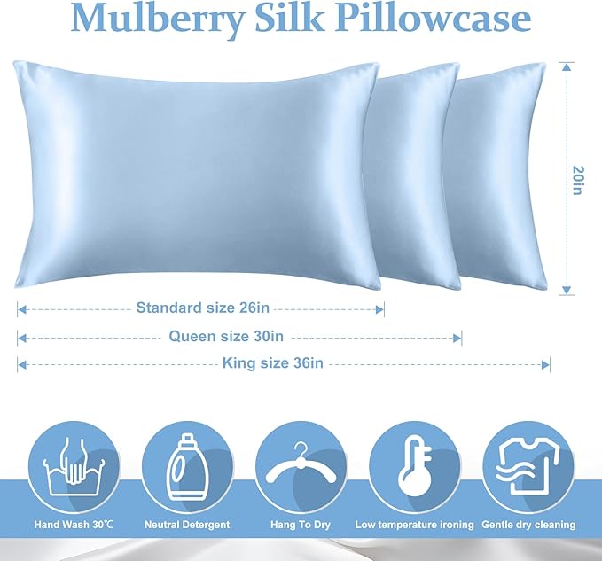 2 Pack 100% Pure Silk Pillowcase for Hair and Skin, Both Sides Mulberry Silk Pillowcases with Hidden Zipper, Cooling Pillowcase 19 Momme, 600 Thread Silk Pillow Cases King Size, Light Blue