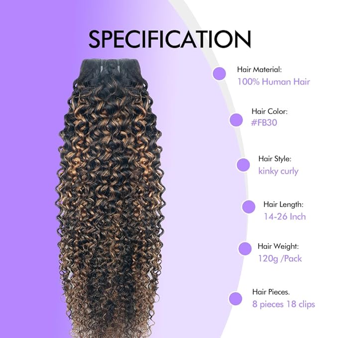FB30 Highlight Ombre Curly Clip In Extension Human Hair 3C 4A Kinky Curly Clip Ins Full Head for Black Women Brazilian Remy Human Hair Balayage Brown 8Pcs with18clips 120g/Set (24 inch)