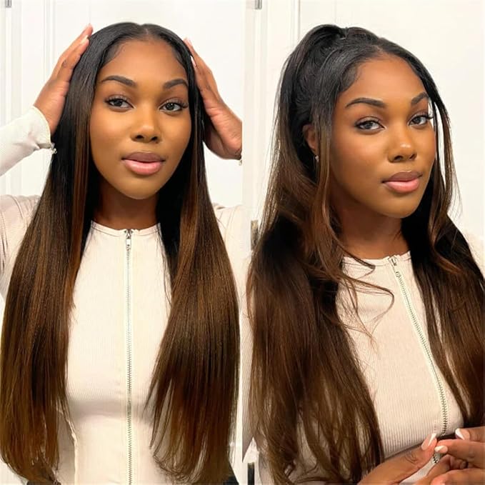 YIROO V Part Wig Human Hair No Leave Out Ombre Chestnut Brown Yaki Straight Glueless Human Hair Wig Upgrade U Part Wigs for Women V Shape Clip in Half Wig No Glue No Sew in Beginner Wig 20inch