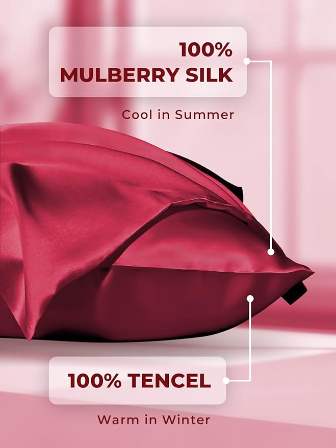 Mulberry Silk Pillowcase for Hair and Skin, SGMSILK 22 Momme Natural Silk Pillow Cases with Zipper, 6A Soft and Smooth Single Sided Pure Silk Pillow Cover (Red, Queen 20"x30")