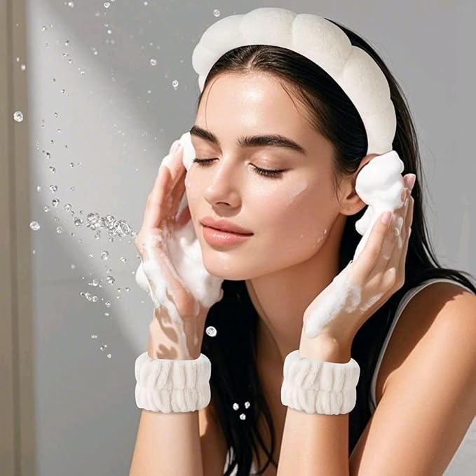 2Pcs Spa Headband for Washing Face & 1 Pairs Wristband Set Sponge Makeup Skincare Headband &Terry Cloth Bubble Soft Hairband for Women Girl Puffy Padded Headwear Non Slip Thick Hair Accessory (Beige)