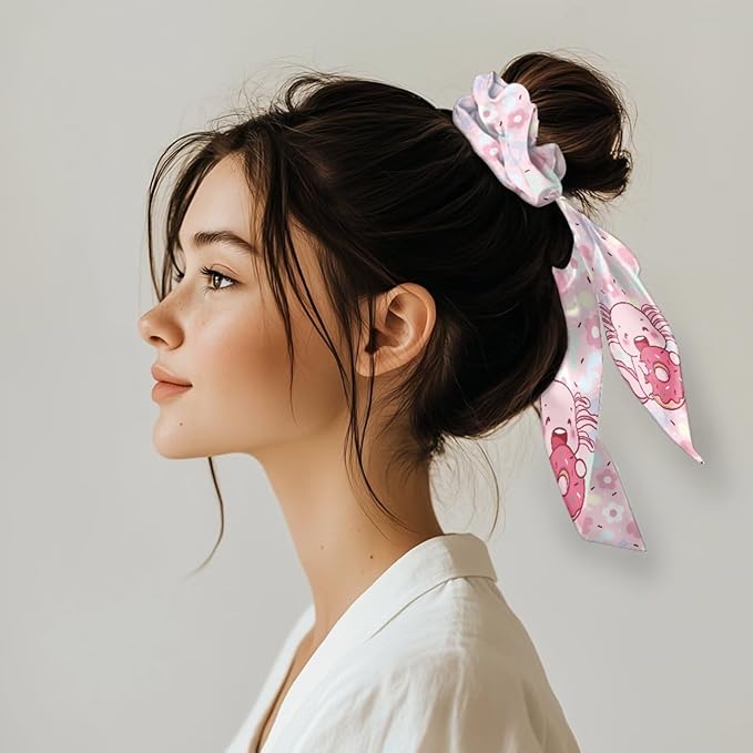Pack Of 2 Axolotl Elastic Ribbon Hair Ties Floral Strawberry Long Ponytail Scrunchies for Curly Hair Stylish Scarf Scrunchy Womens No Damage Knotted Bow
