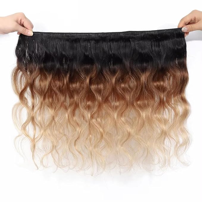 Ombre Blonde Bundles Human Hair T1B4/27 Body Wave Bundles 14 16 18 Inch Niegmeag Brazilian Virgin Remy Hair Extensions Double Weft 3 Tone Honey Blonde and Brown Bundle Hair Weave
