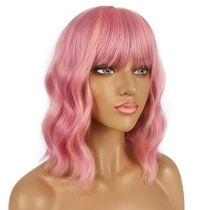 Short Bob Wigs with Bangs for Women Loose Wavy Wig Curly Wavy Shoulder Length Bob Synthetic Cosplay Wig for Girl Colorful Costume Wigs (Lovely Pink)