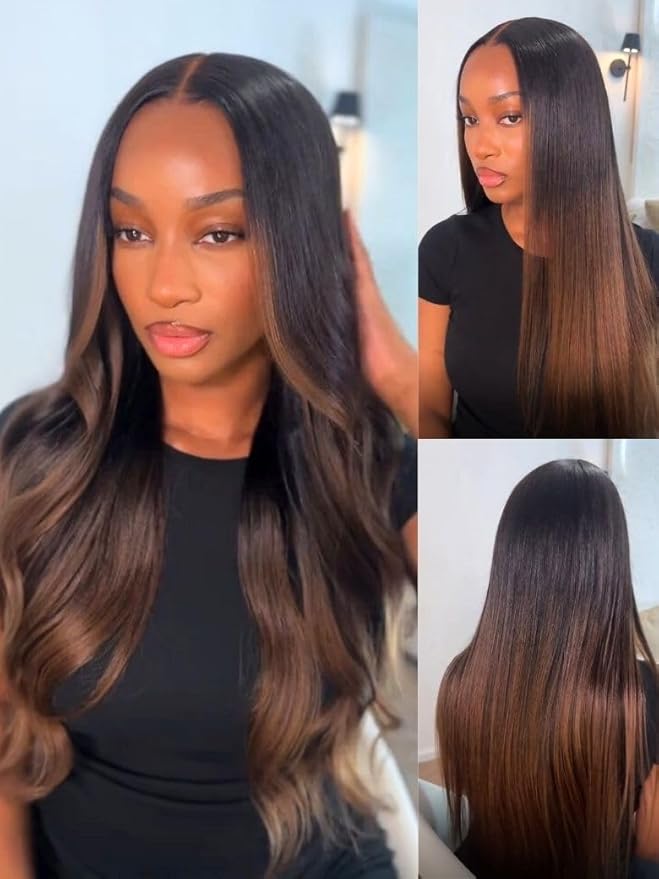 YIROO Chestnut Brown Ombre Yaki Straight 13x4 Pre Everything Frontal Glueless Wig Human Hair Pre Plucked Pre Cut,Bye bye Knots Wear and Go Drawstring Wigs Beginner Friendly 150% Density 20Inch