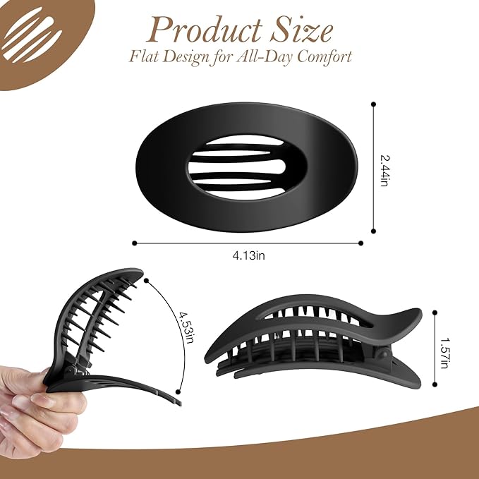 Upgraded 8 Pack French Flat Hair Clips for Women Girls, Matte Lay Flat Claw Clips, Large No-Slip Claw clips for Thick & Thin Hair, Strong Hold Styling Barrettes Accessories for Daily Styling(Black)