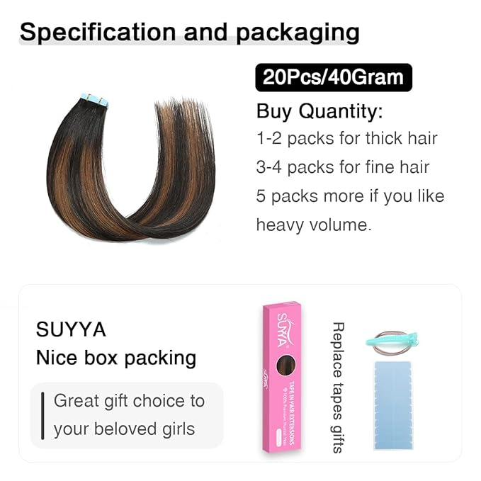 SUYYA Tape in Hair Extensions Human Hair Balayage Natural Black to Chestnut Brown 16 Inch 40g/pack 20pcs Straight Seamless Skin Weft Tape in Real Human Hair Extensions(16inch #P1B/6/T1B)