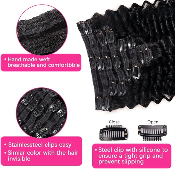 Deep Wave Clip in Hair Extensions Real Human Hair Brazilian Virgin Human Hair Clip in Extensions for Black Women 8Pcs Remy Hair with 18Clips 120g (22inch, Natural Black)