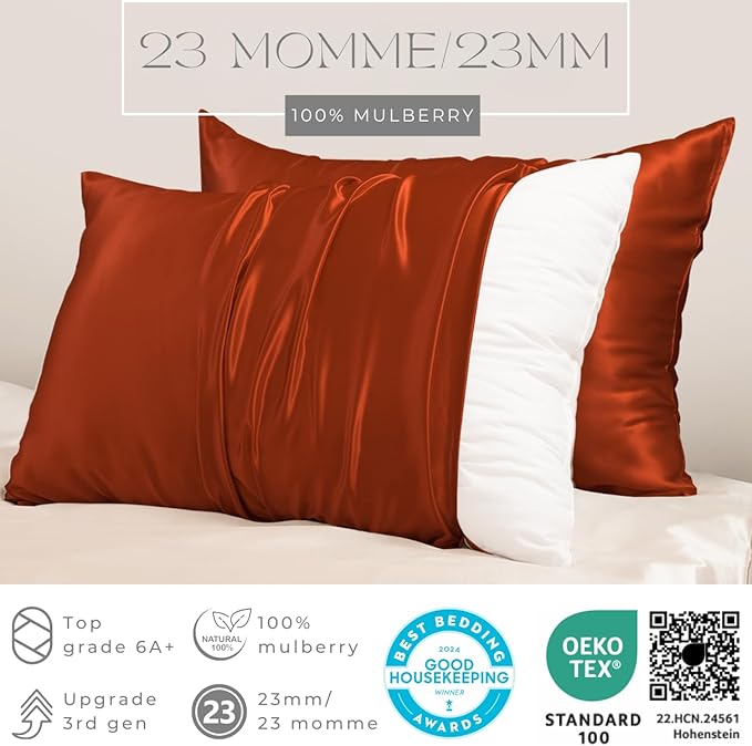 PROMEED 23 Momme Silk Pillowcase for Hair and Skin, Both Sides Upgraded Grade 6A+ Mulberry Silk Pillow Case with Zipper, Cooling Pillow Cases for Hot Sleepers (Standard 20"x26", Dusk)