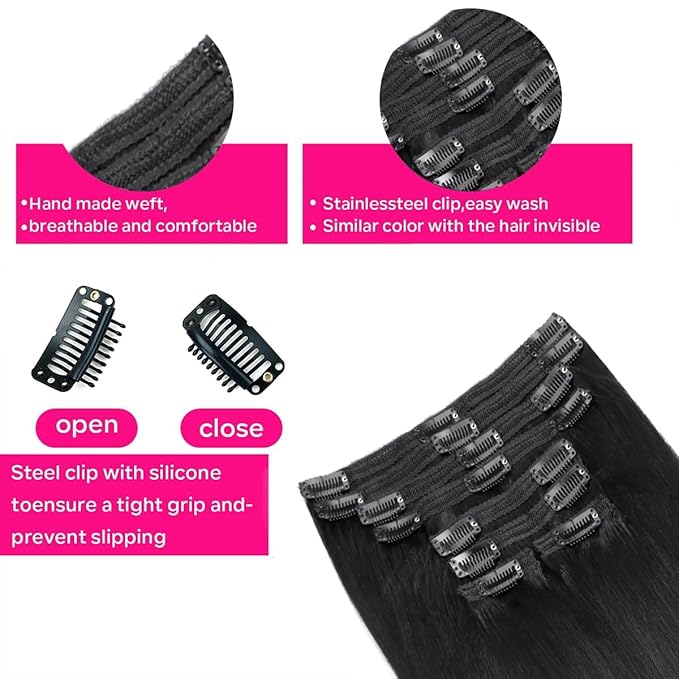 Yaki Straight Clip in Hair Extensions Real Human Hair 8Pcs Remy Human hair Clip ins for Women, Natural Soft Human Hair 120g 28inch #1B Natural Black