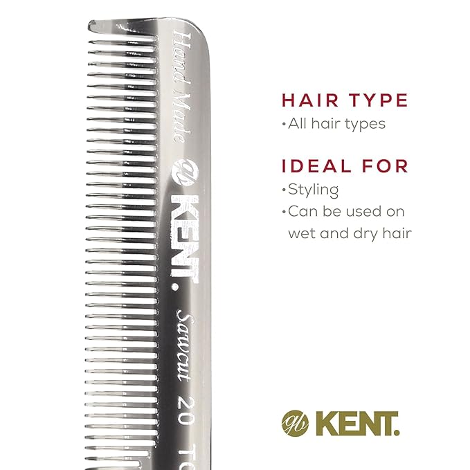 Kent 20T Handmade Folding Pocket Comb for Men, Fine Tooth Hair Comb Straightener for Everyday Grooming Styling Hair, Beard or Mustache, Use Dry or with Balms, Saw Cut Hand Polished, Made in England