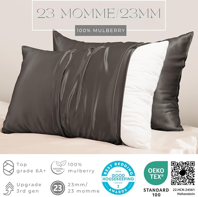 PROMEED 100% Silk Pillowcase 2 Pack, Zipper Closure, 23 Momme 3rd Gen Grade 6A+ Mulberry Silk Pillow Case Set of 2, Real Silk Pillow Cases for Hair and Skin (King 20"x36", Grey)