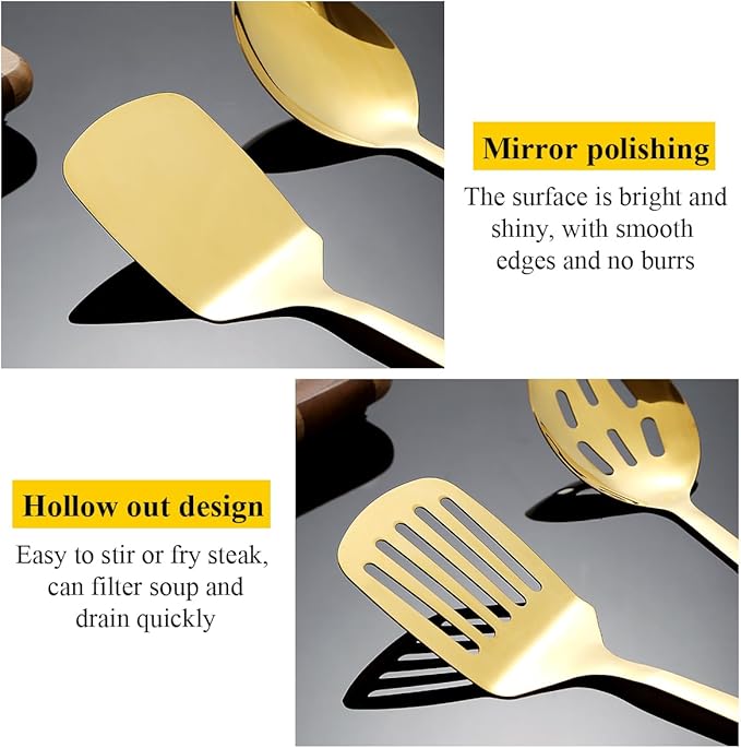 Homquen Gold Kitchen Utensils Set 4pcs, Titanium Gold Plating Stainless Steel Cooking Utensils Set, Kitchen Tools Spatulas Set, Cooking Spoons, Home Essentials Kitchen Gadgets Accessories