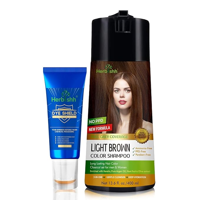 Herbishh Light Brown 3 in 1 Hair Dye Shampoo 400 ML PPD Free + Hair Color Stain Protector – Dye Shield or Defender for Skin