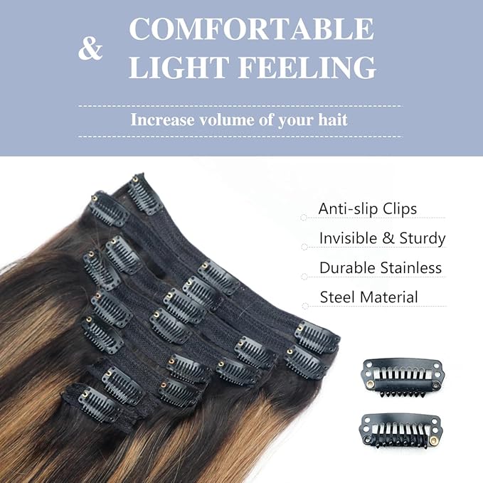Balayage Clip in Hair Extensions Real Human Hair Straight Remy Human Hair Clip ins for Women, Natural Soft Human Hair, 8Pcs 120g, 22inch #1B/6/1B Balayage Natural Black to Chestnut Brown