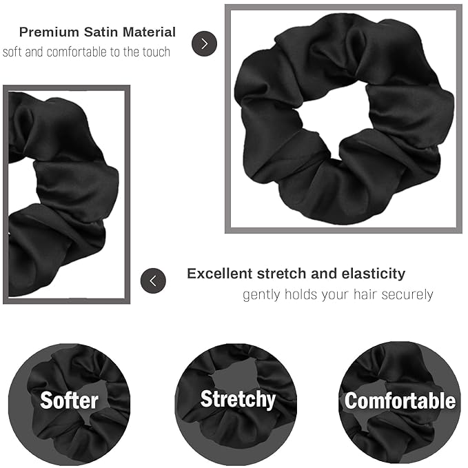 IVARYSS Scrunchies for Hair Sleep, Premium Satin Soft Than Silk for Women Curly Hair, Cute Bands Ties for Girls Thin | Thick Hair Styling, 12 Pack, Black