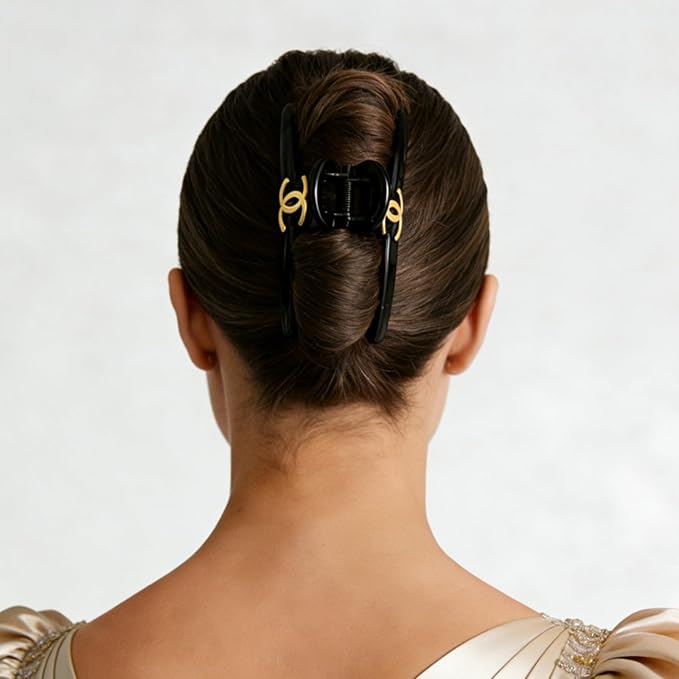 Shiny Black Large Hair Claw Clip with Gold Accent – Shatterproof & Long-Lasting Trendy Women’s Hair Styling Accessory