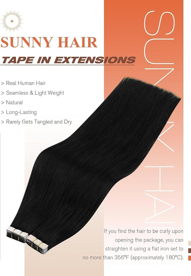 Sunny Hair Tape in Hair Extensions Human Hair 28inch Hair Extensions Real Human Hair Tape in Extensions for Women Jet Black Invisible Remy Hair Natural Straight Skin Weft Double Sided Tapes 20Pcs 50g