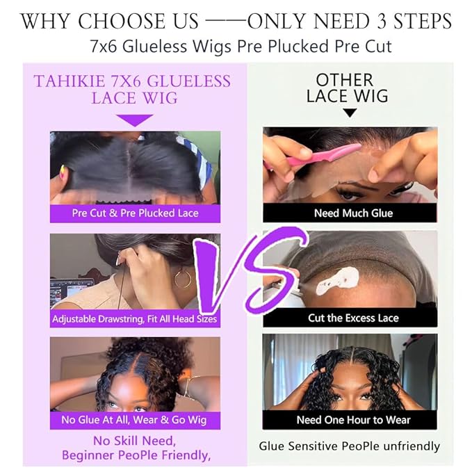 7x6 Burmese Curly Glueless Wigs Human Hair Pre Plucked Pre Cut 250% Density Drawstring Wig Human Hair 7x6 HD Lace Front Wigs Human Hair for Black Women Wear and Go Glueless Wig Natural Color 34inch