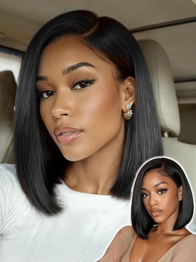 YIROO Bye Bye Knots 7x5 Lace Straight Bob Wig Glueless Human Hair Wig with Elastic Drawstring,Pre Plucked Pre Cut Short Bob Lace Closure Wig Wear and Go Natural Color 150% Density 12Inch