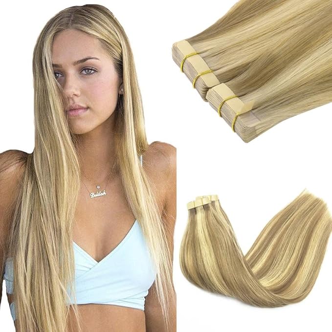 GOO GOO Tape in Hair Extensions Human Hair, 16/22 Light Blonde Highlighted Golden Blonde, 18inch 100g 40pcs, Skin Weft Seamless Invisible, Silky Straight with Thick Ends, Remy Human Hair